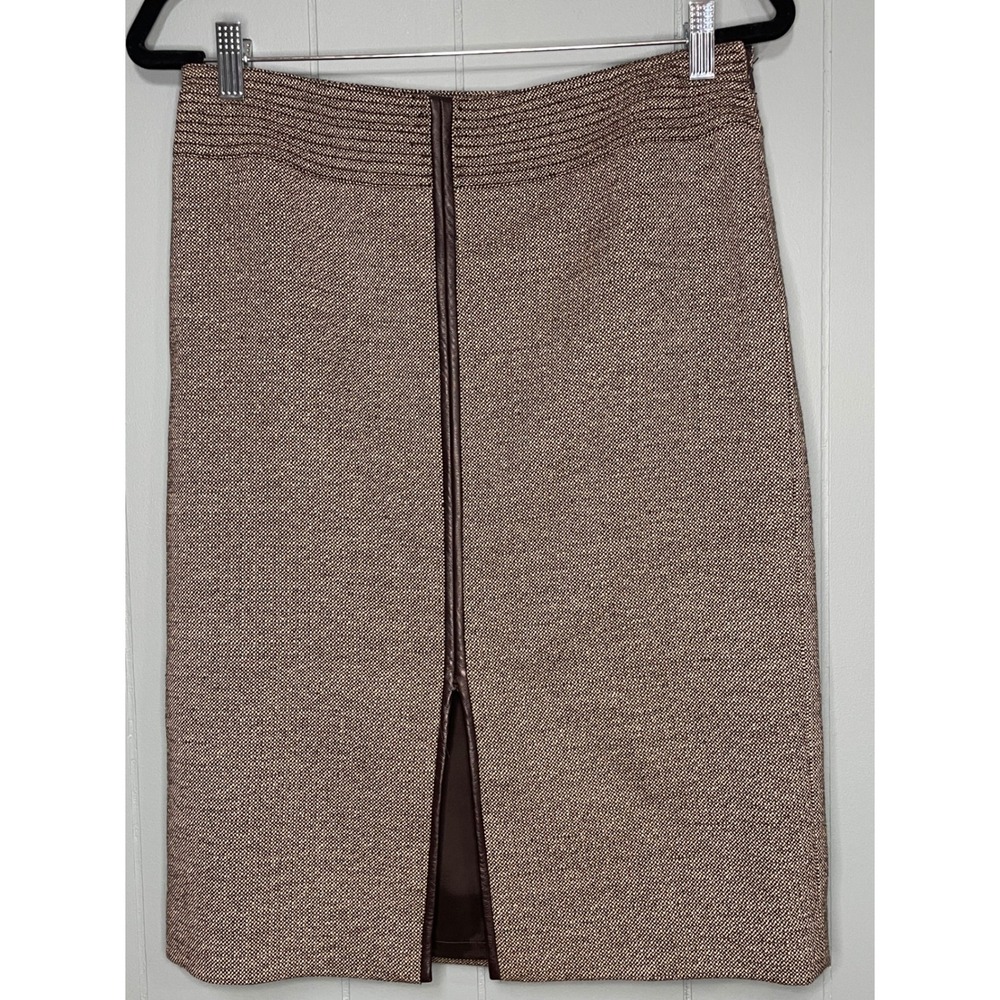 Worth Pencil Skirt Womens 6 Brown Wool Silk Tweed Leather Trim‎ Slit Excellent